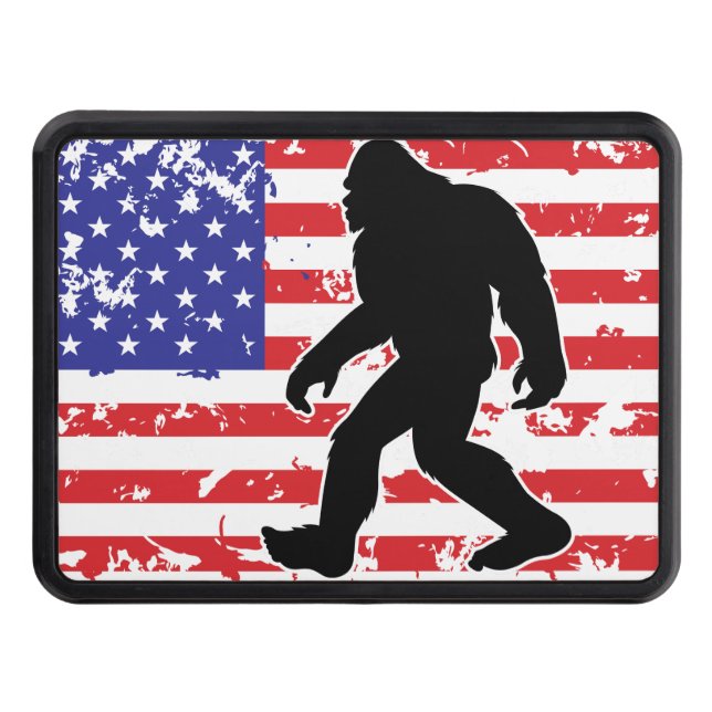 Bigfoot in an American Flag Hitch Cover (Front)