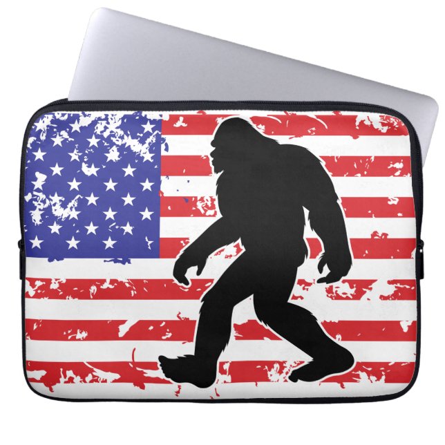Bigfoot in an American Flag Laptop Sleeve (Front)
