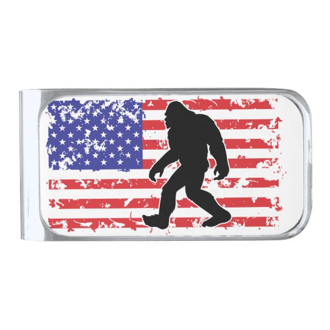 Bigfoot in an American Flag Silver Finish Money Clip (Front)