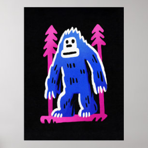 Bigfoot In Forest Pink Blue Poster Wall Art Print