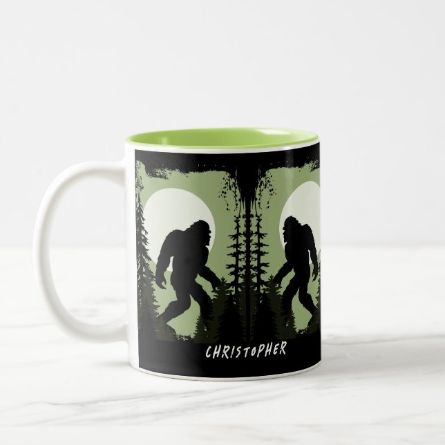 Bigfoot in the Woods Kids Camping Two-Tone Coffee Mug (Left)