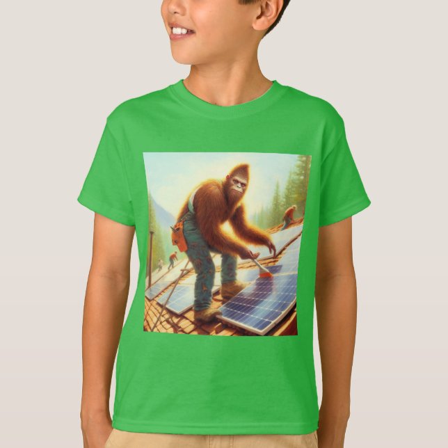 Bigfoot Installing Solar Panels T-Shirt (Front)