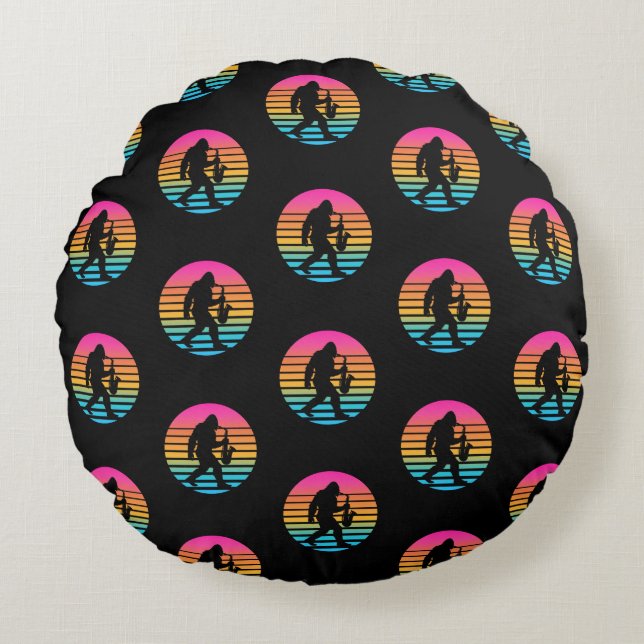 Bigfoot Jazz Saxophone Retro Sunset Design Round Pillow (Front)