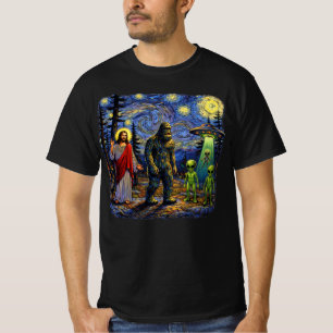 Bigfoot Jesus Aliens Starry Night — Sasquatch Van T-Shirt