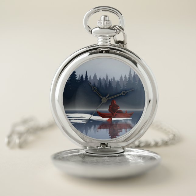Bigfoot Lake Canoe Wilderness Pine Forest  Pocket Watch (Inside)