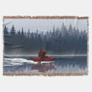Bigfoot Lake Canoe Wilderness Pine Forest Throw Blanket