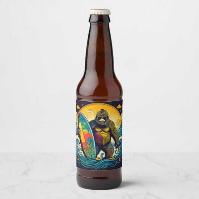 Bigfoot likes Beer and Surfin Bottle Label (Front)