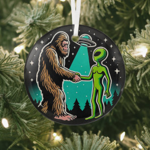 Bigfoot Meets Alien Glass Ornament