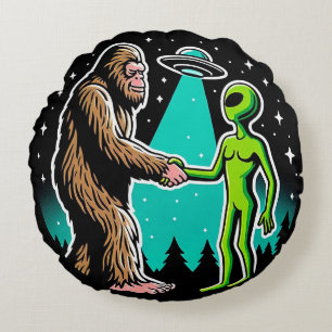 Bigfoot Meets Alien Round Pillow