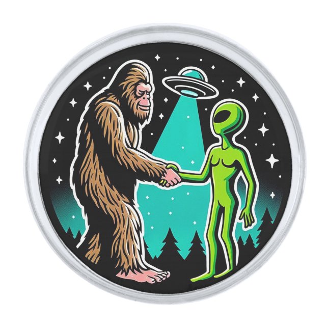 Bigfoot Meets Alien Silver Finish Lapel Pin (Front)