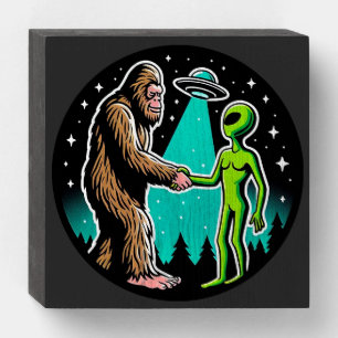Bigfoot Meets Alien Wooden Box Sign