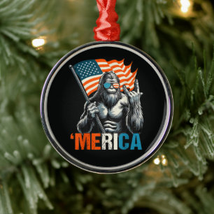 Bigfoot Merica Rock American Flag Metal Ornament
