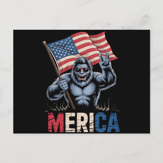 Bigfoot Merica Rock American Flag Patriotic  Postcard (Front)