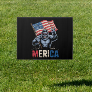Bigfoot Merica Rock American Flag Patriotic Sign