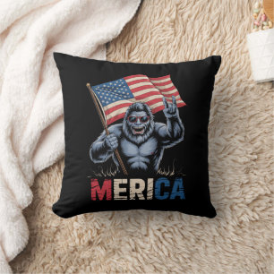 Bigfoot Merica Rock American Flag Patriotic  Throw Pillow