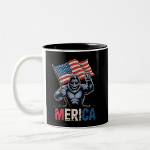 Bigfoot Merica Rock American Flag Patriotic Two-Tone Coffee Mug