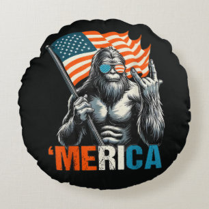 Bigfoot Merica Rock American Flag Round Pillow
