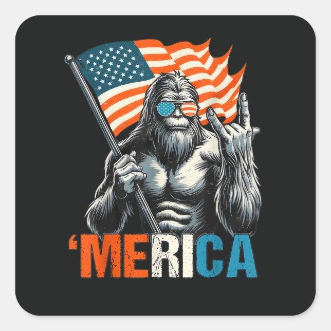 Bigfoot Merica Rock American Flag Square Sticker (Front)