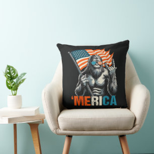 Bigfoot Merica Rock American Flag Throw Pillow