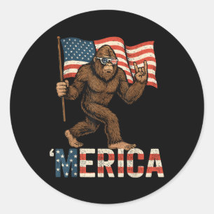 Bigfoot Merica Rock Patriotic American Flag 4th Of Classic Round Sticker