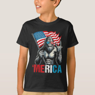 Bigfoot Merica Rock Patriotic American Flag 4th Of T-Shirt