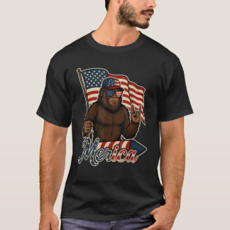 Bigfoot Merica Rock Patriotic American Flag 4th Of T-Shirt