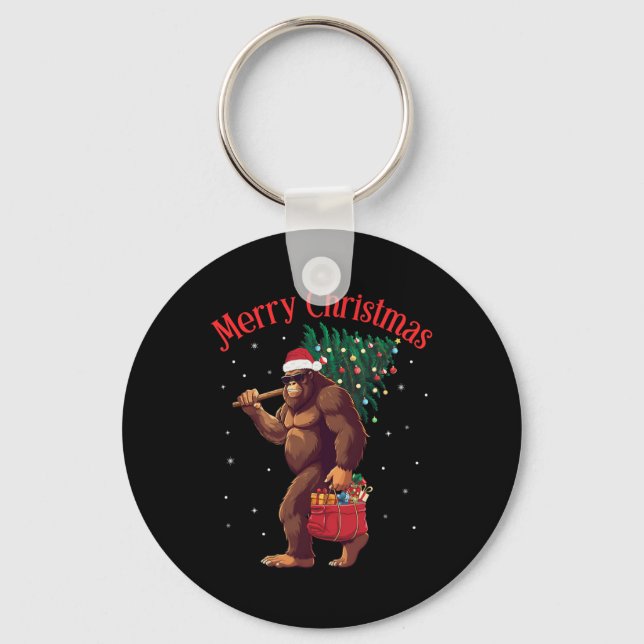 Bigfoot Merry Christmas Tree Lights Sasquatch Xmas Keychain (Front)