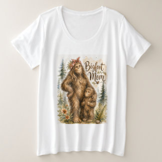 Bigfoot Mom Watercolor Forest Cryptid Family Art Plus Size T-Shirt
