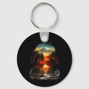 Bigfoot Mountain Forest Sunset Outdoor Retro Keychain