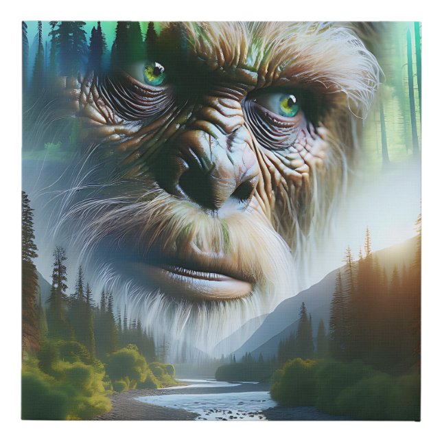Bigfoot, Mountains, River and Forest Faux Canvas Print (Front)