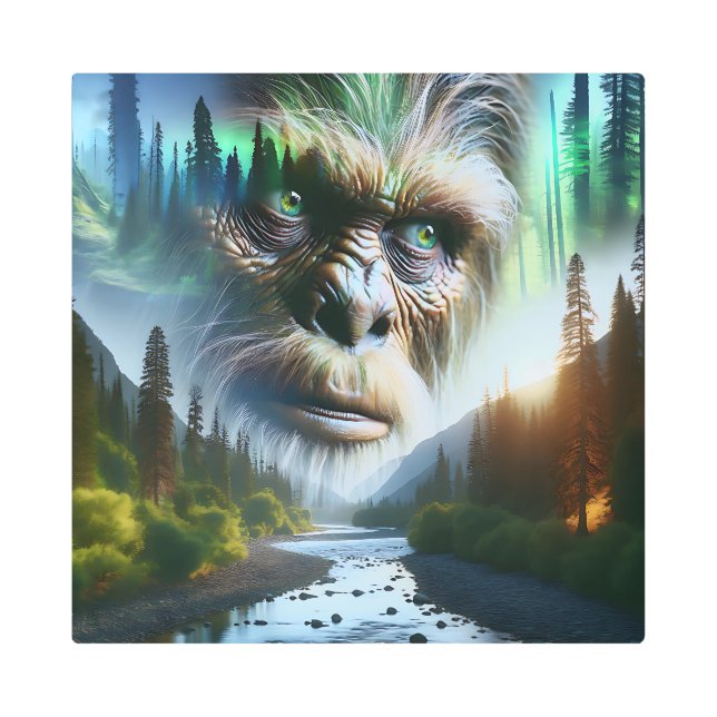 Bigfoot, Mountains, River and Forest Metal Print (Front)