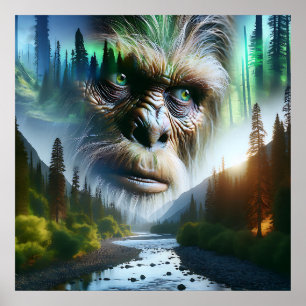 Bigfoot, Mountains, River and Forest Poster