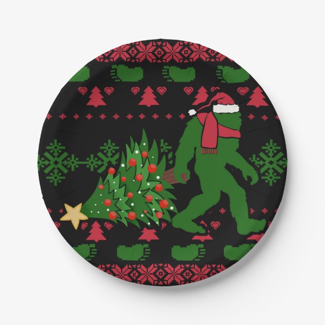 Bigfoot on knit background paper plates (Front)