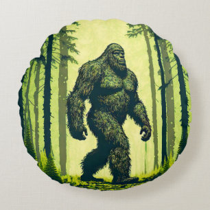 Bigfoot Out For A Forest Walk Sasquatch Round Pillow