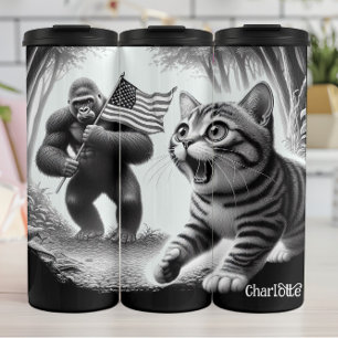 Bigfoot Patriot: Sasquatch, Cat, Flag Thermal Tumbler