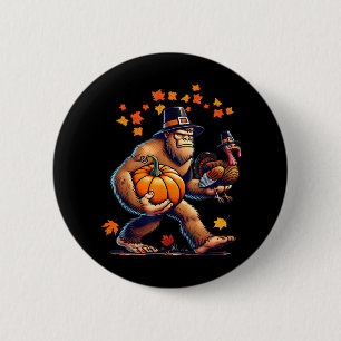 Bigfoot Pilgrim Hat Turkey Day Pumpkin Thanksgivin Button