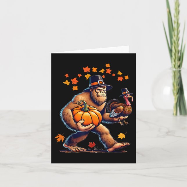 Bigfoot Pilgrim Hat Turkey Day Pumpkin Thanksgivin Card (Front)