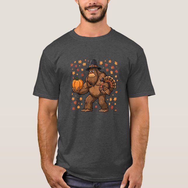 Bigfoot Pilgrim Thanksgiving Turkey Pumpkin T-Shirt (Front)