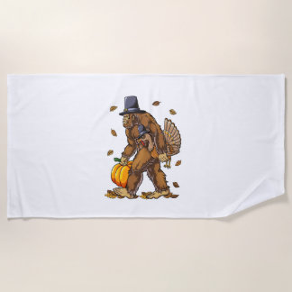 Bigfoot Pilgrim Turkey Pumpkin Thanksgiving Day Bo Beach Towel