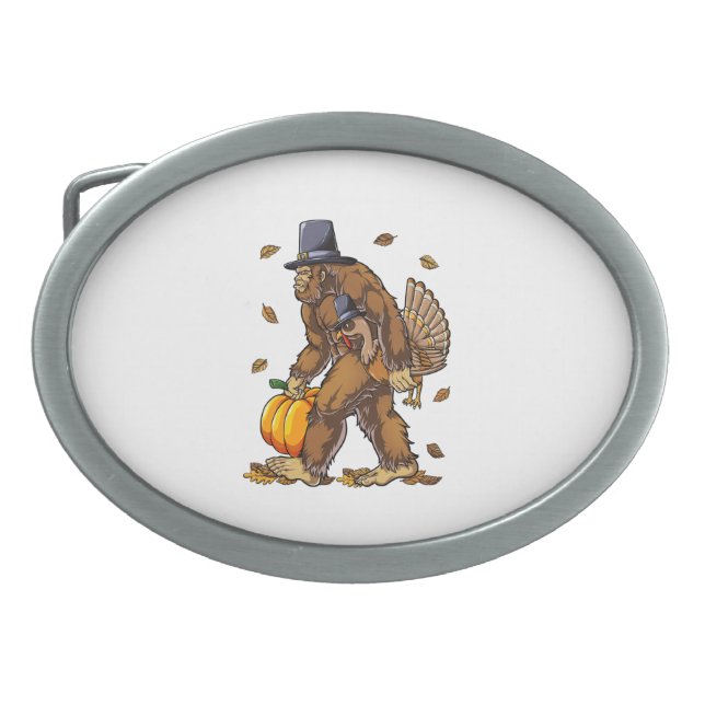 Bigfoot Pilgrim Turkey Pumpkin Thanksgiving Day Bo Belt Buckle (Front)