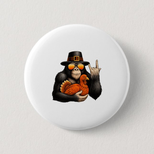 Bigfoot Pilgrim Turkey Pumpkin Thanksgiving Day Bo Button (Front)