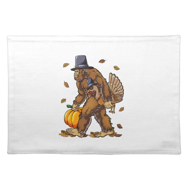 Bigfoot Pilgrim Turkey Pumpkin Thanksgiving Day Bo Cloth Placemat (Front)