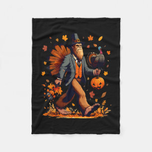 Bigfoot Pilgrim Turkey Pumpkin Thanksgiving Day Bo Fleece Blanket