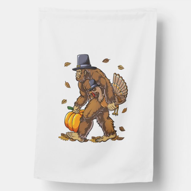 Bigfoot Pilgrim Turkey Pumpkin Thanksgiving Day Bo House Flag (Front)