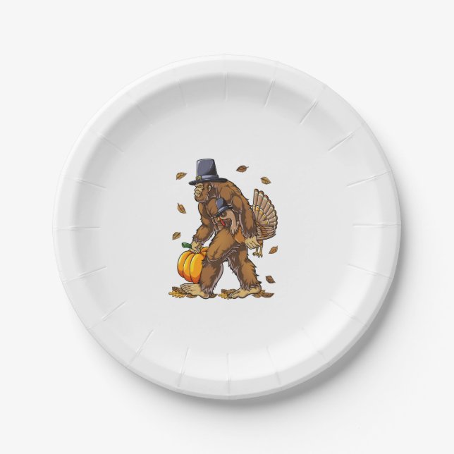 Bigfoot Pilgrim Turkey Pumpkin Thanksgiving Day Bo Paper Plates (Front)