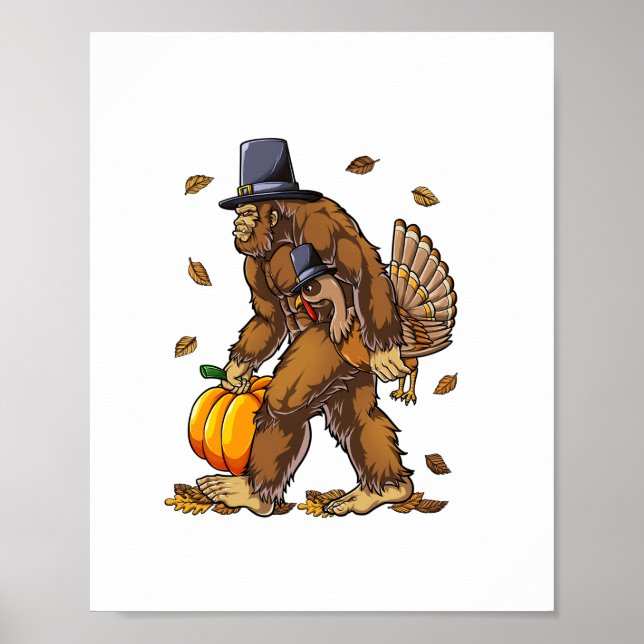 Bigfoot Pilgrim Turkey Pumpkin Thanksgiving Day Bo Poster (Front)