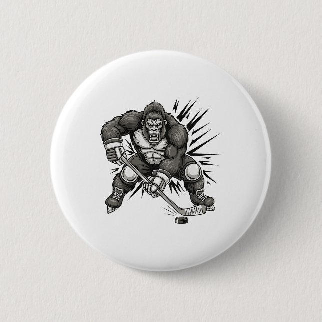 Bigfoot Player Playing Hockey Funny Sasquatch Ice  Button (Front)