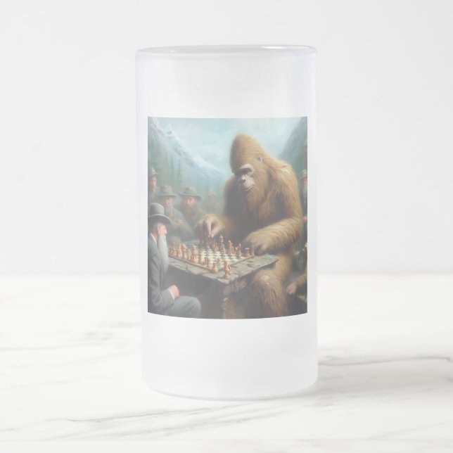 Bigfoot Playing Chess Frosted Glass Beer Mug (Center)