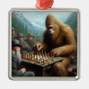 Bigfoot Playing Chess Metal Ornament