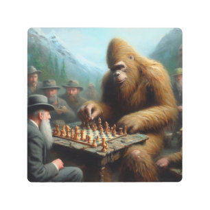 Bigfoot Playing Chess Metal Print